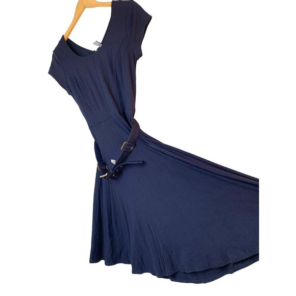 Carmen Marc Valvo Navy Fit & Flare Dress S Scoop Gold cap sleeve NWT $128 10041 - Picture 1 of 9